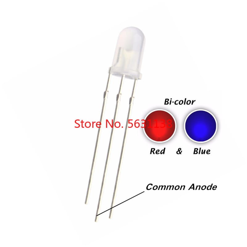 100pcs 5mm RED + BLUE bicolor LED Emitting Diode Diffused Common Anode F5 R+B Round Head Lamp Light Beads Factory direct sale