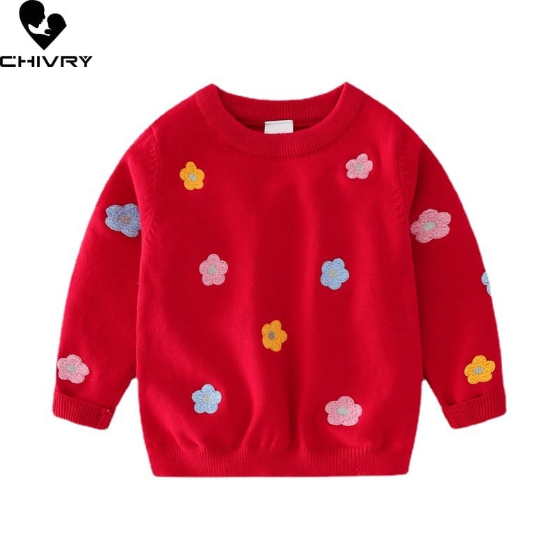New Baby Girls Pullover Knitted Sweater Autumn Winter Kids Girls Fashion Flower Embroidery O-neck Jumper Sweaters Tops Clothing