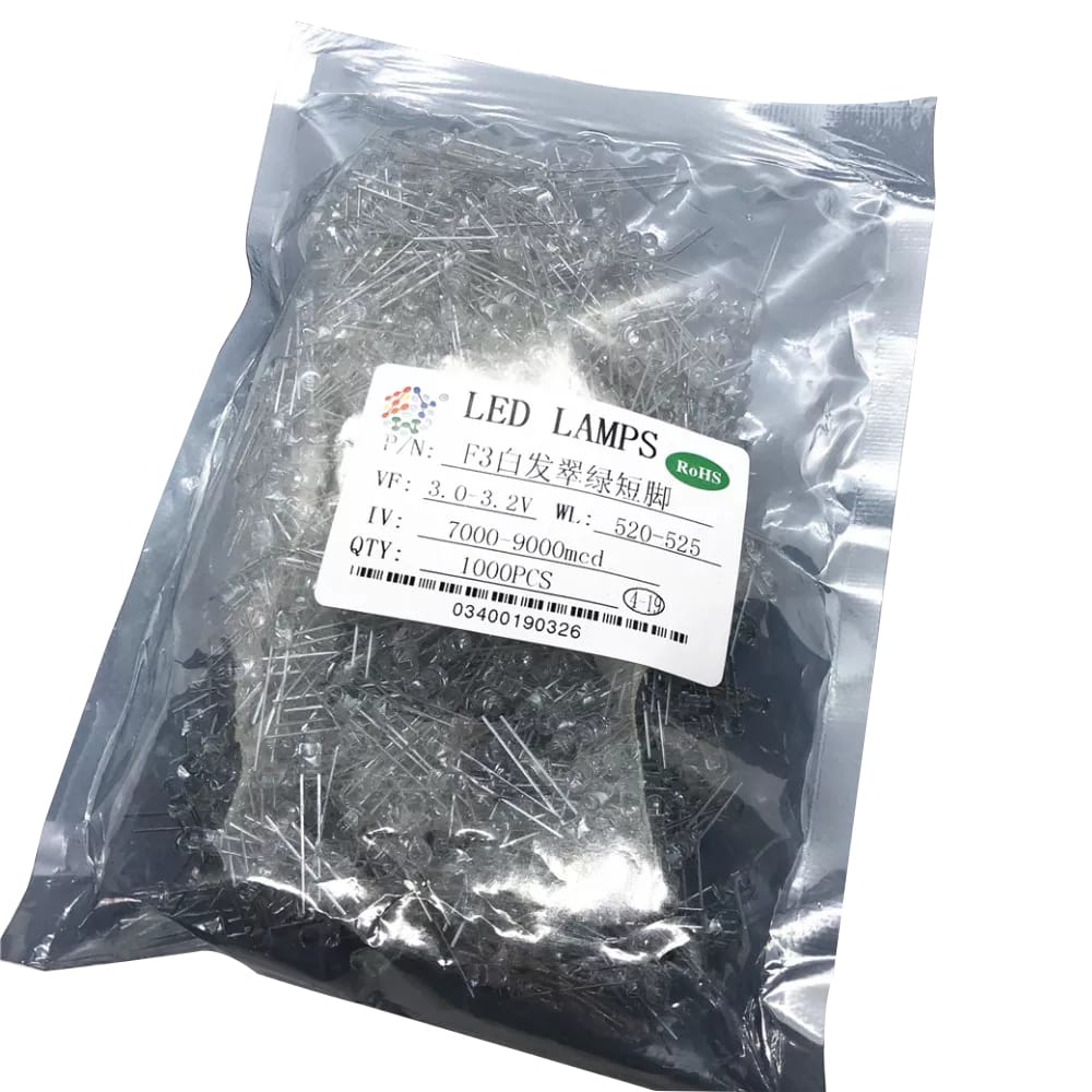 1000PCS F3 3MM True Green DIP LED Water Clear Short PIN Round 520-525NM 3.0-3.2V 7000-9000MCD Pure Green Light Beads