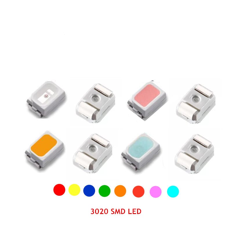 100PCS 3020 SMD LED RED BLUE GREEN YELLOW ORANGE AMBER PINK ICE BLUE (ULTRA BRIGHT) 20mA Light Beads