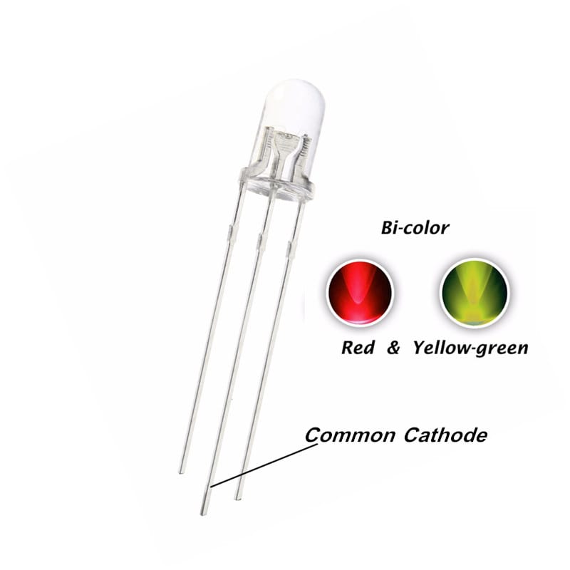 100PCS 5MM Red + Yellow Green Bicolor LED Round Head Transparent DIP-3 Common Cathode Water Clear Lamp Light Beads