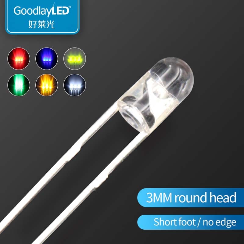 1000PCS Led 3mm Round Head short leg transparent white light red  blue  green and yellow straight inserted led beads