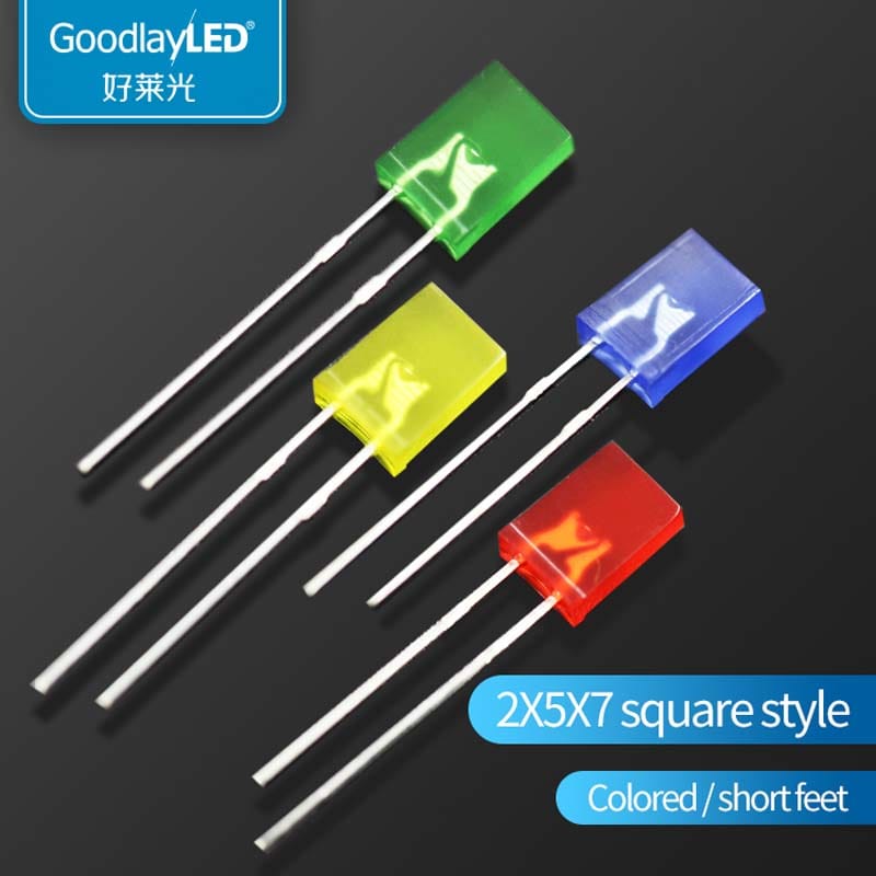 1000PCS 2x5x7 square with color short feet red blue yellow and green directly inserted LED light bead