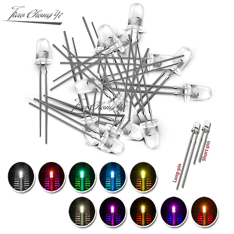 100pcs DIP LED 5mm Diode light DIY White Yellow Red Blue Green Round Water Clear 3mm Light Emitting Diodes Lamp F5 Beads