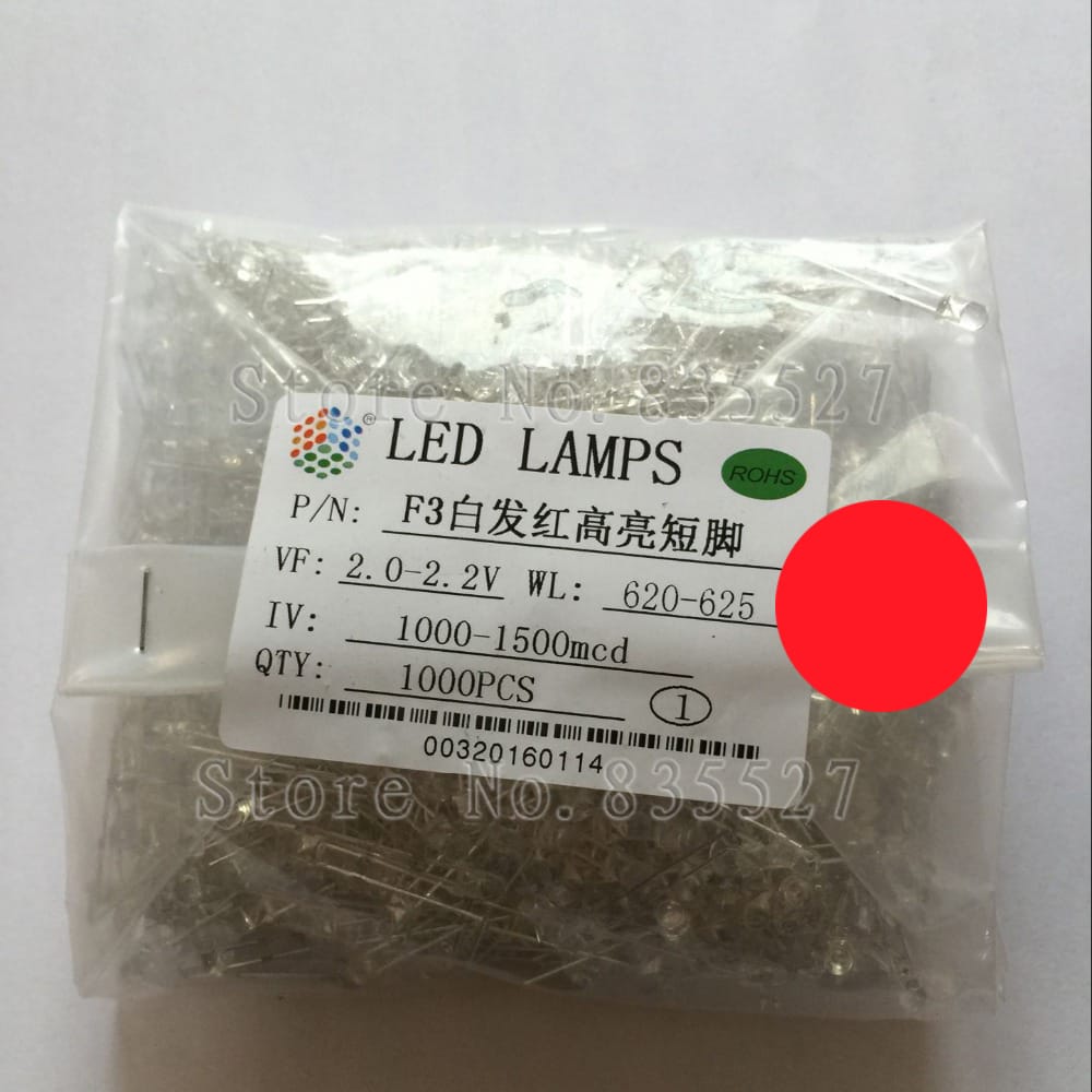 1000pcs / lot red 3mm round LED lamp beads red super bright LED Light-emitting diodes (high quality leds)