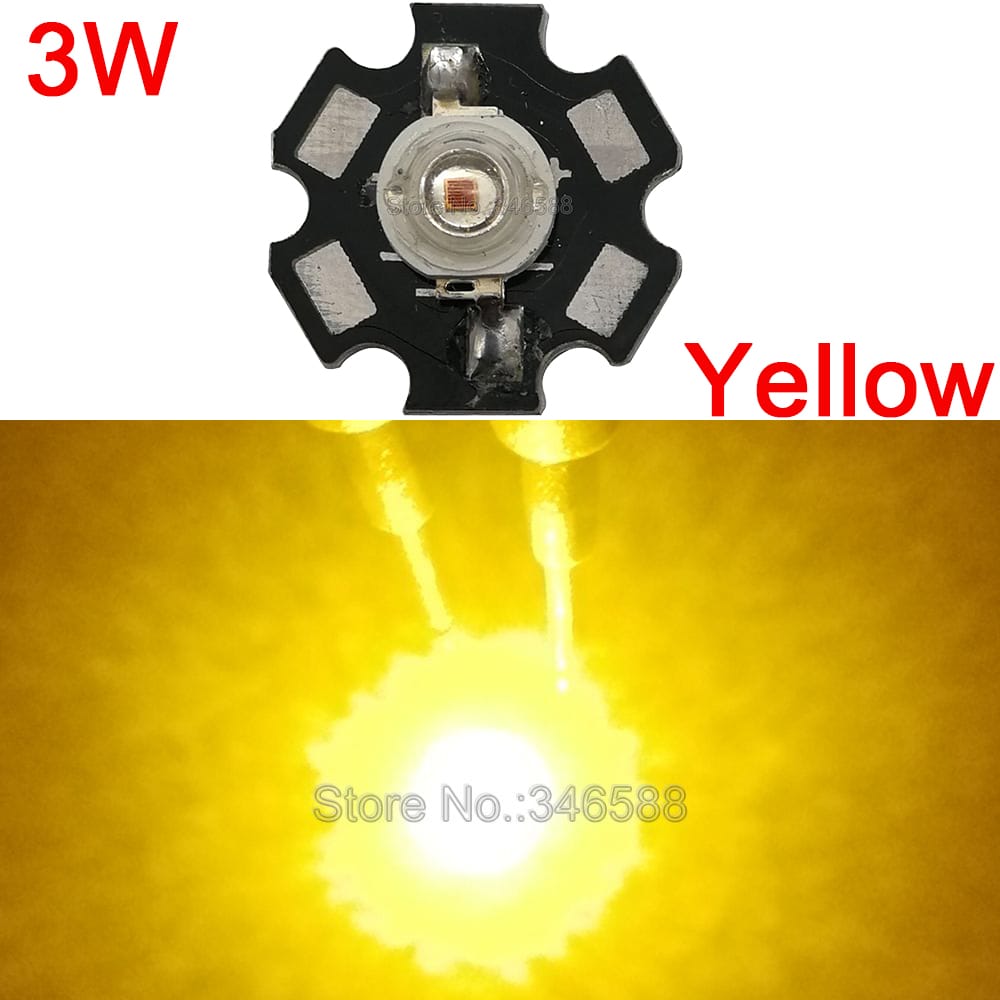 10PCS 3W Yellow High Power LED Lighting Emitter Diode Bead DC2.3-2.8V 700mA 50-60LM 585-595NM with 20mm Star Platine Heatsink
