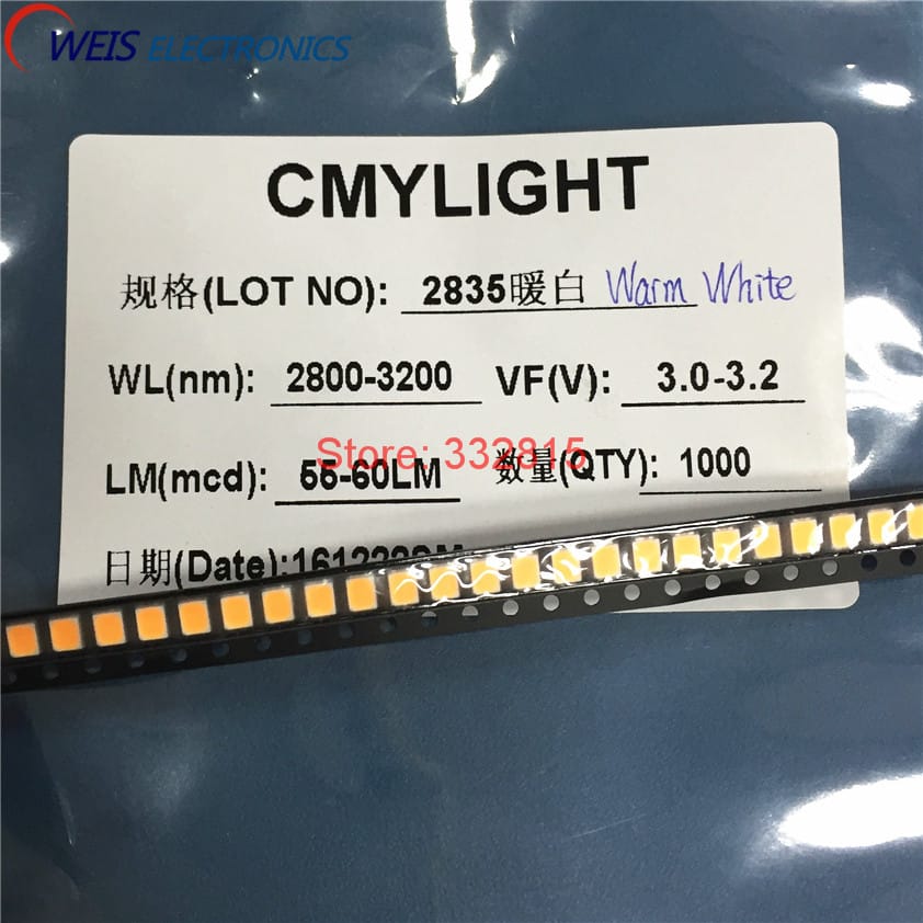 100PCS, 2835 Warm White SMD LED, 2800-3200K 3V 0.5W 55-60lm Super Bright Light Beads