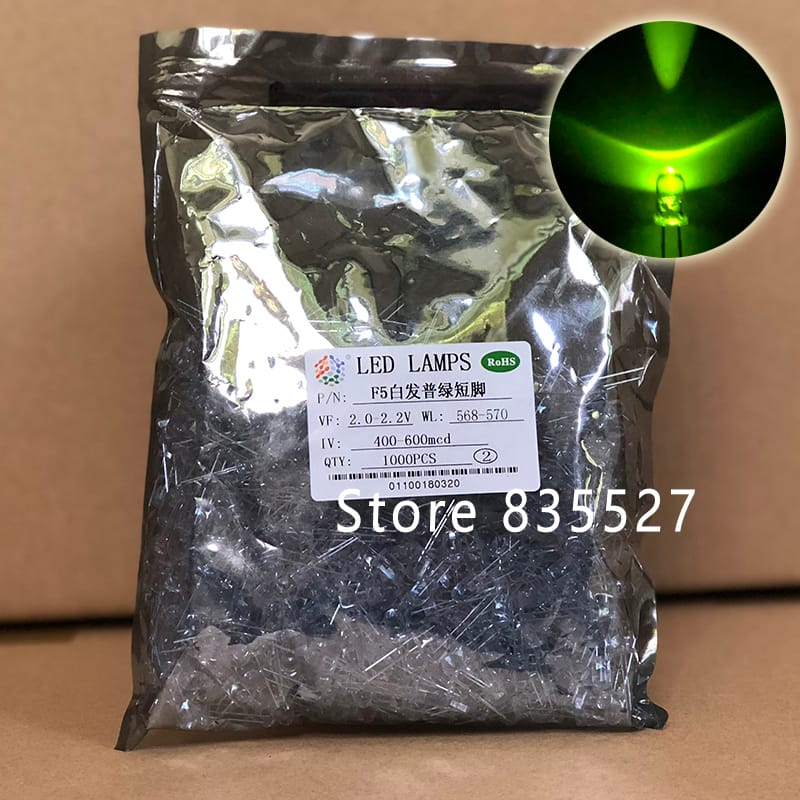 1000pcs / LOT F5 5MM Round LED Water and Clear Ordinary Green Super Bright LED light emitting diode Kit DIP Lamp beads