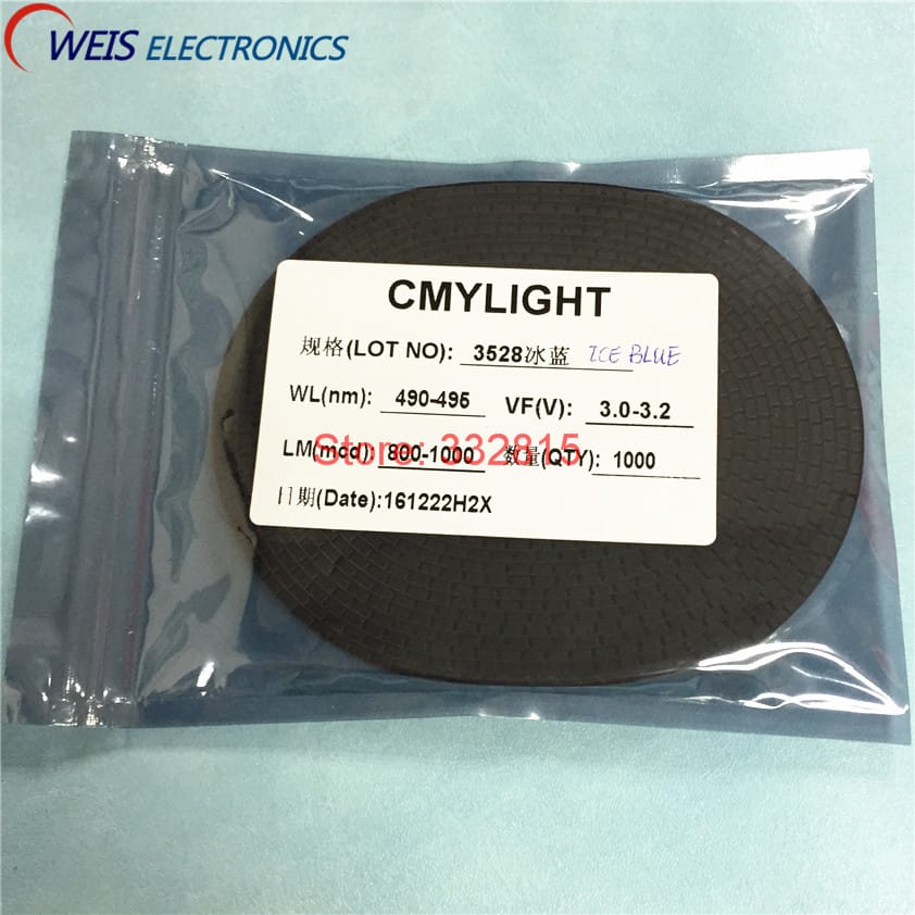 1000PCS, 3528 ICE BLUE LED SMD 490-495nm 800-100mcd 3.0-3.2v Ultra Bright Light Beads