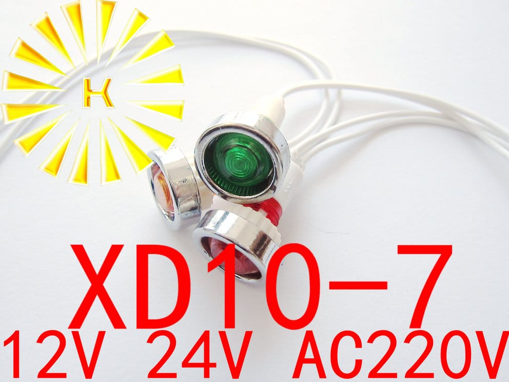 XD10-7 With 20CM Wire Signal Lamp Red Green Yellow 12V 24V AC220V 10mm Plastic Indicator Light Power LED Light Beads x 100PCS
