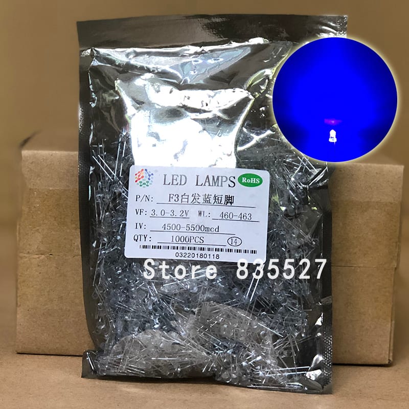 1000PCS/LOT F3 3MM Round Transparent Shell Blue LED Light-emitting Diodes Water Clear For DIY Light  lamp beads DIP