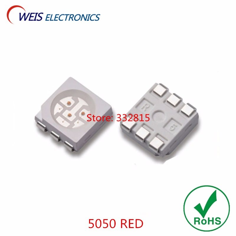 1000PCS 5050 RED LED SMD 5.0*5.0MM 620-625NM 1400-1600MCD 1.8-2.0V 60mA 120 Angle Super Bright Light Beads RoHs