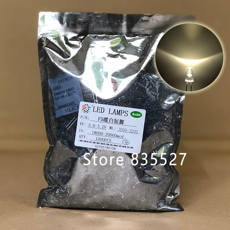 1000pcs / LOT F5 5MM Round LED Water and Clear Warm White Super Bright LED light emitting diode Kit DIP Lamp beads