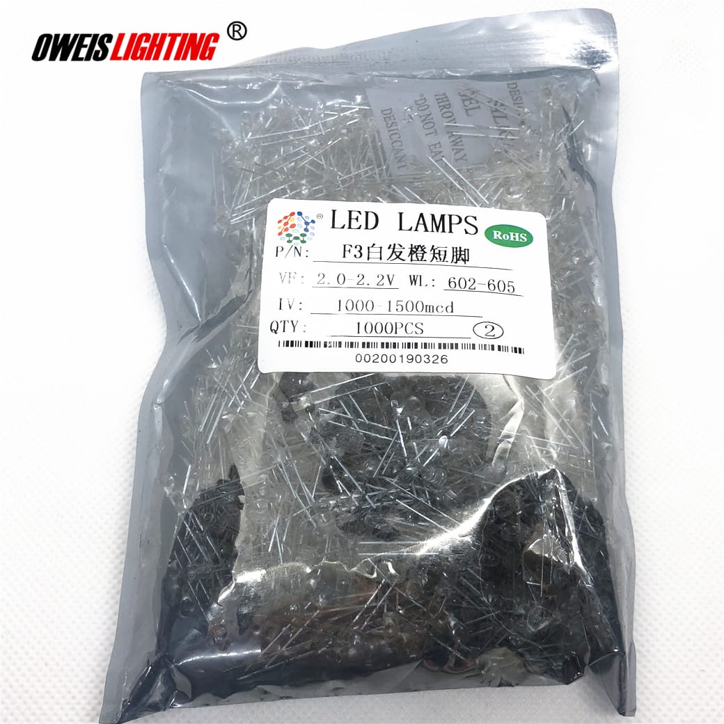 1000PCS Orange LED 602-605NM 1000-1500MCD 2.0-2.2V Water Clear Round Head Ultra Bright Transparent Light Beads Lamp
