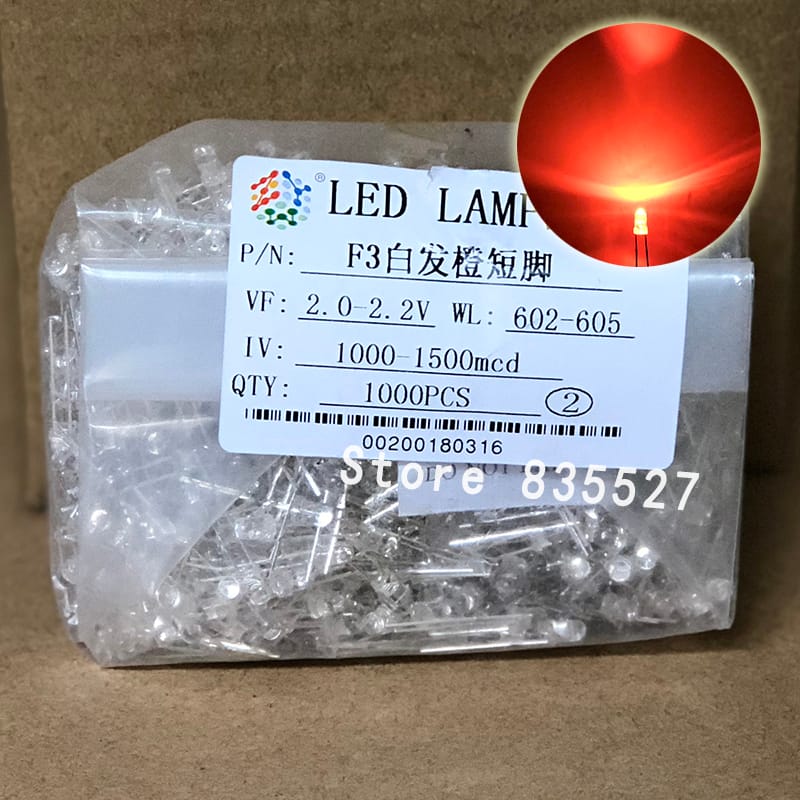1000PCS/LOT F3 3MM Round Transparent Shell Orange LED Light-emitting Diodes Water Clear For DIY Light  lamp beads DIP