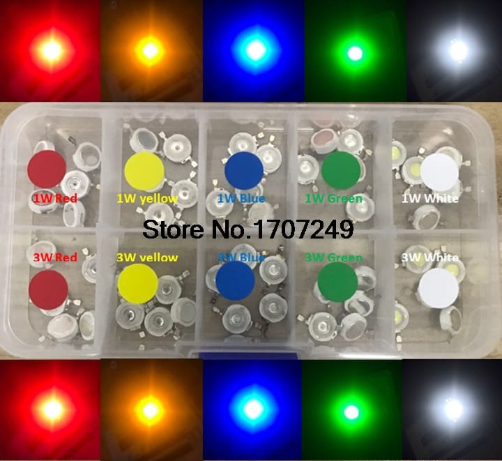 50pcs 1W 3W LED High Power Lamp beads LED Light-Emitting Diode LEDs Chip SMD mixed color kit White Red Green Blue Yellow