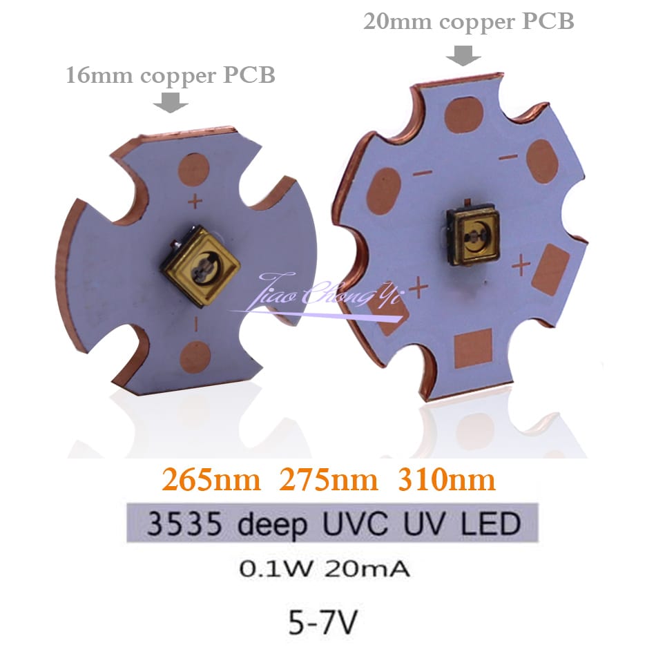 265nm 275nm  310nm UVC LED Lamp beads 0.1W 5-7V 16mm /20mm Copper PCB Deep UV light Sterilization
