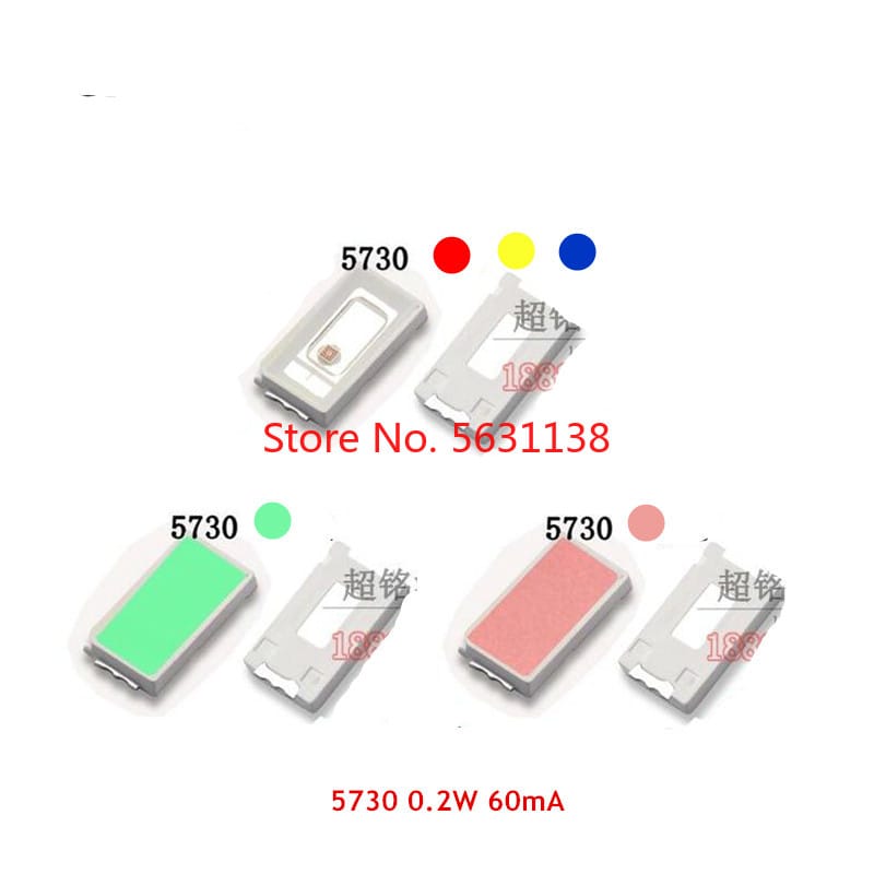 100PCS 5730 0.2W SMD LED RED/BLUE/YELLOW/Sky blue/ICE BLUE/PINK 60mA ultra bright light beads cree led COB chip led power led