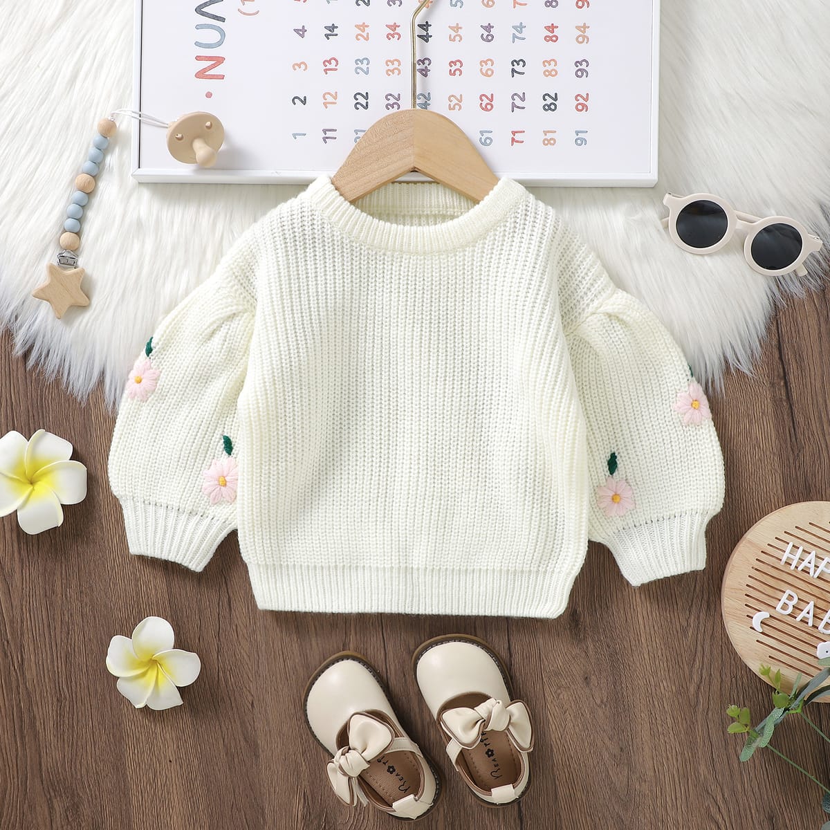Suefunskry Little Girls Winter Sweater Toddler Sweet Crew Neck Long Lantern Sleeve Embroidery Flower Pattern Knit Pullovers Tops