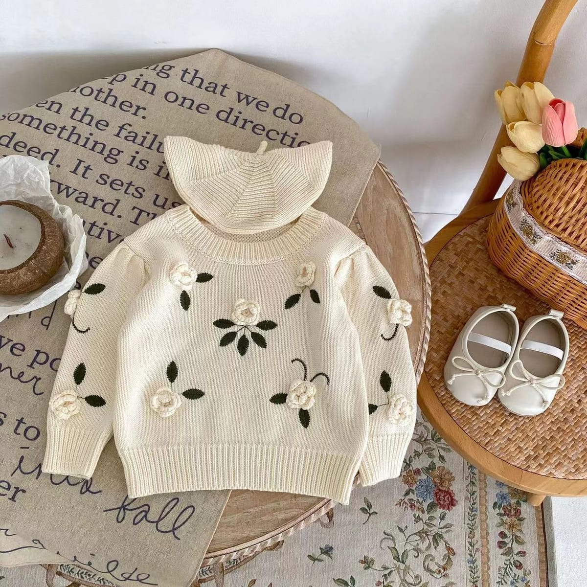 INS Spring and Autumn New 0-3 Year Old Girl Baby Fashion Versatile Handmade Flower Embroidery Pullover Knitted Sweater Top