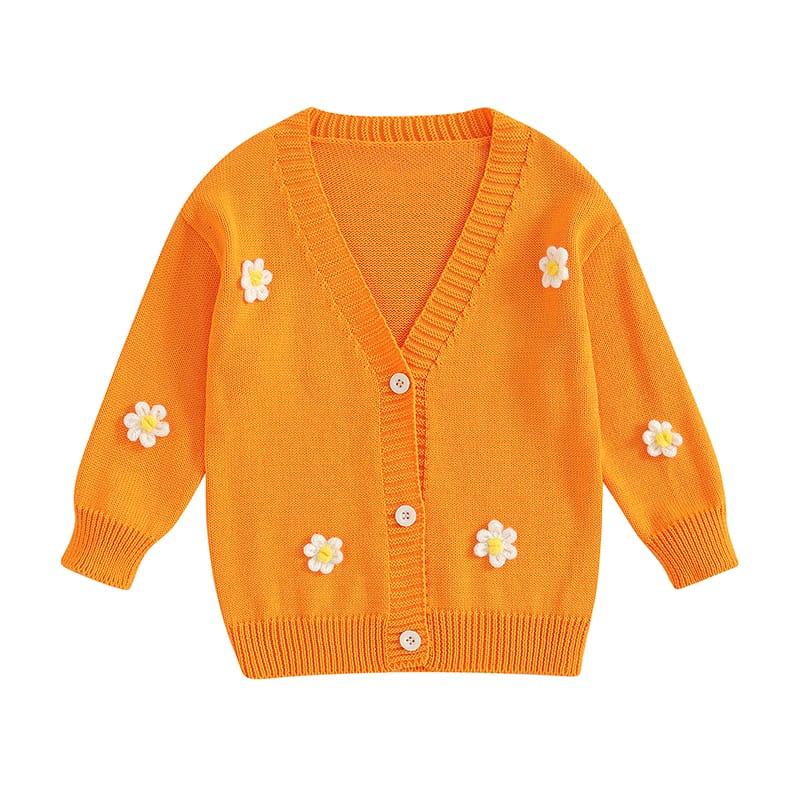 Girls Autumn Winter Knit Sweater Long Sleeve V Neck Flower Embroidery Button Up Knitwear Cardigan