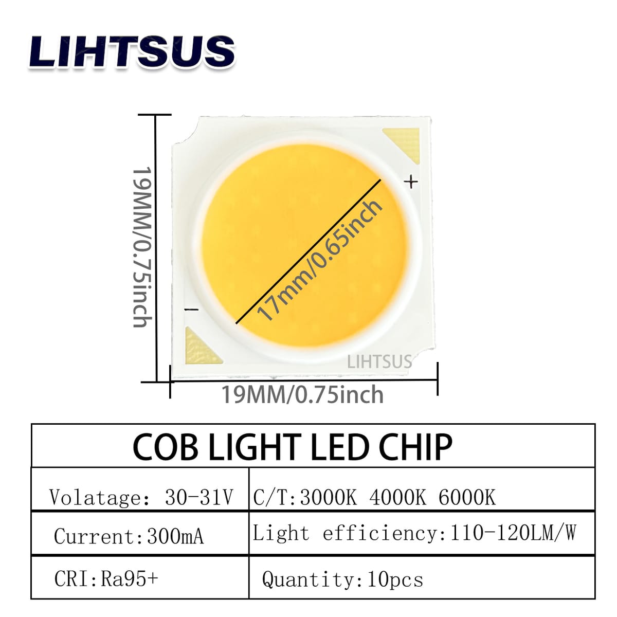 10pcs  24W DC75V 6000K/4000K/3000K LED COB Light Beads 1919mm Cri95+ COB Chip LED Lamp Light Source SpotLight Downlight Diode