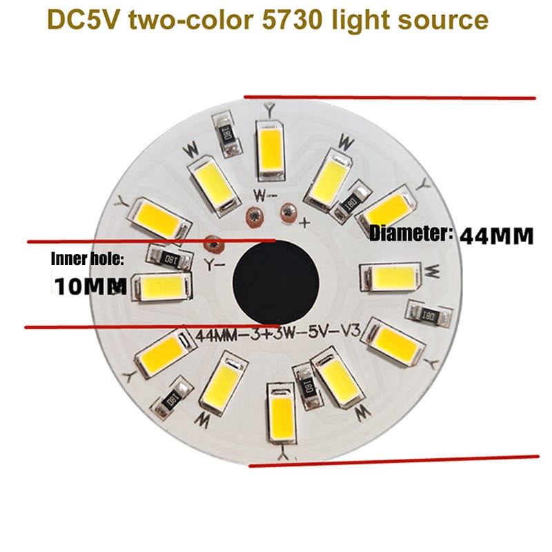 1/5PCS 3W DC5V  LED Light Board Double Color Light Source 44MM 5730 Lamp Beads For DIY Spotlight Downlight