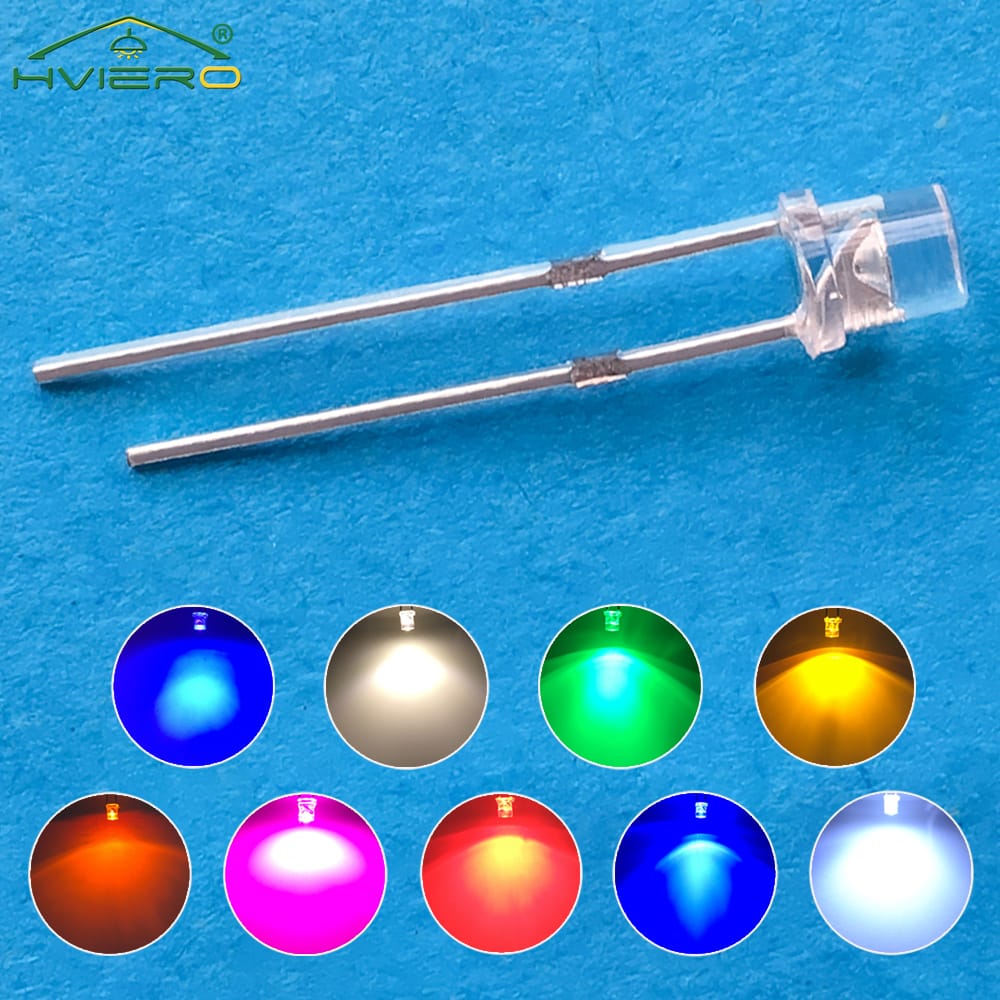 1000Pcs Ultra Bright Flat Top Light Beads LED F3 3mm White Red Blue Orange Pink Diode Bulb For Wide Angle Emitting Diodes Lamp