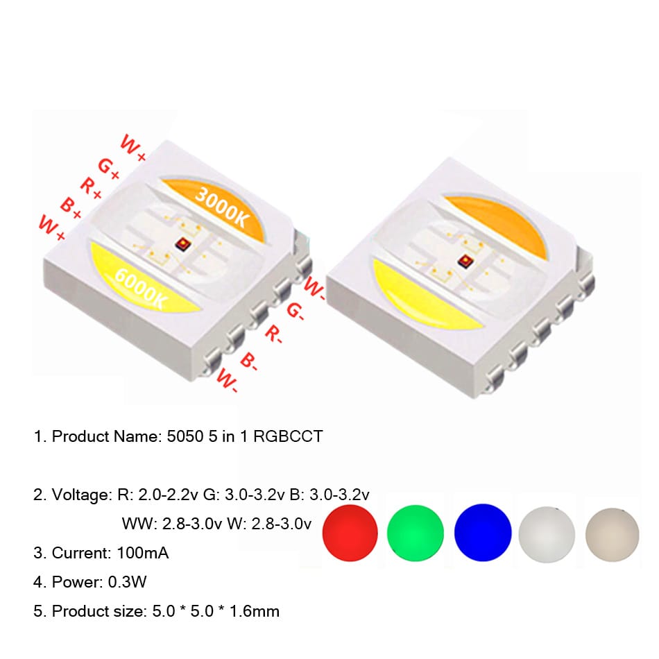 5050 RGB+CCT LED Chip 5050 RGBW WW LED light beads 5050 SMD Beads White+ Warm White + RGB 5 in 1 Chip light-emitting diode