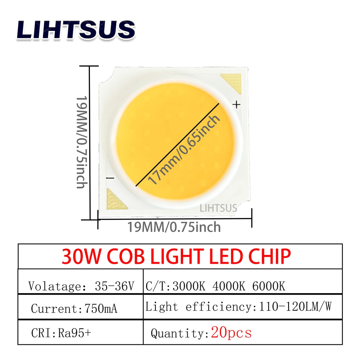 Cob Led Chip Led 20Pcs COB Light Beads 3000K branco quente ou 6000K branco puro 95 Cri Decoration Lamp 36V 750mA DIY LED Lights