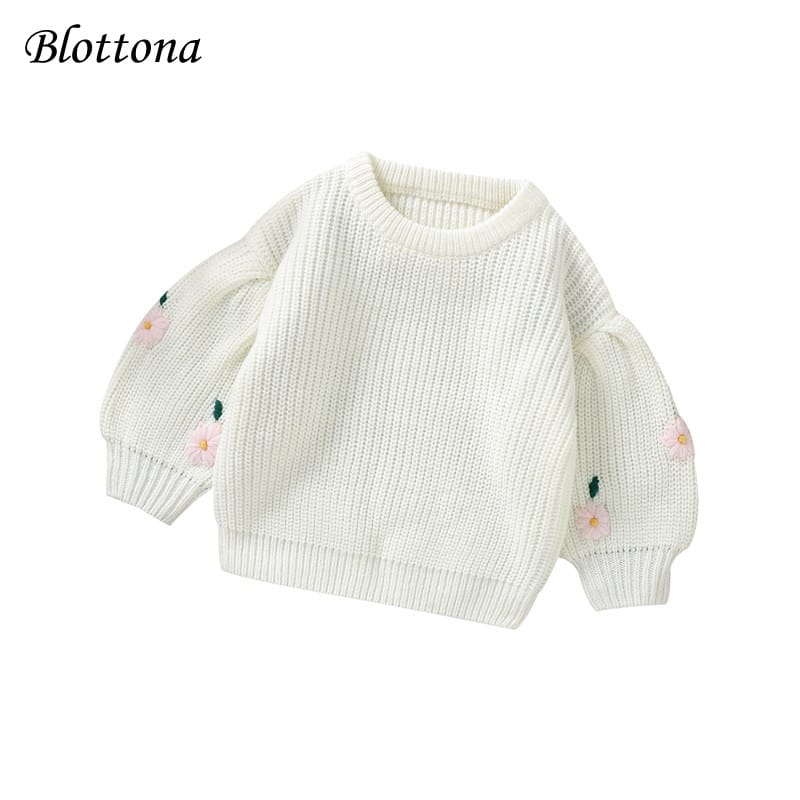 Blotona Little Girl Winter Sweater Toddler Casual Crew Neck Long Lantern Sleeve Embroidery Flower Pattern Knit Pullovers Tops