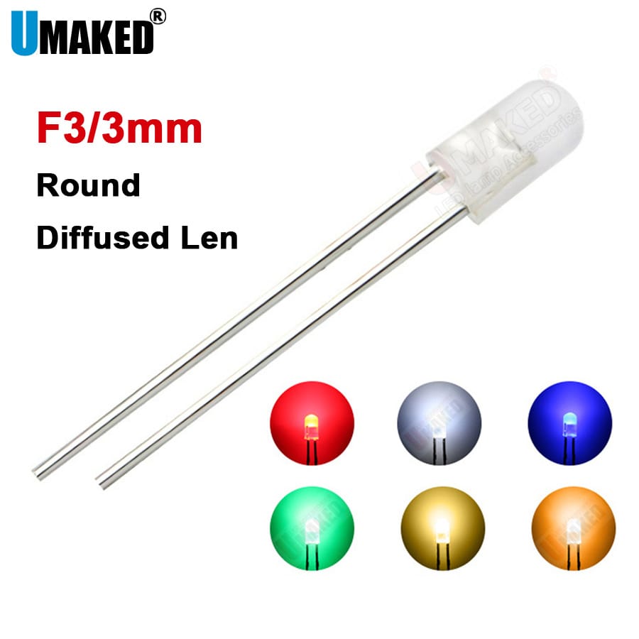 1000pcs 3mm Diffused LED Round lamps diodes chip  20mA light beads F3 led Emitting diodes WW/W/R/G/B/Y Lighting DIY lamp