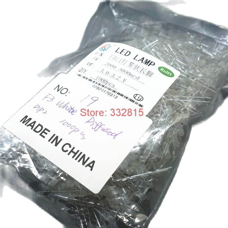1000PCS F3 WHITE DIFFUSED DIP-2 LONG PIN 3MM 2000-3000MCD 3.0-3.2V Light Beads