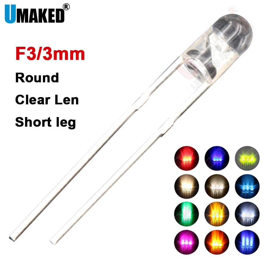 1000PCS 3mm Clear LED round lamps diodes chip 3.2-3.4v 20mA light beads F3 led Emitting diodes WW/W/R/G/B/Y Lighting DIY lamp