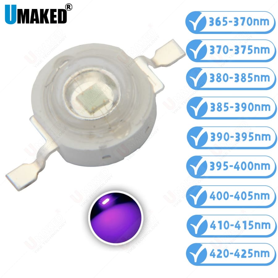 10pcs 3W UV High Power LED Light Beads Ultra Violet Purple LED Chip 360nm 365nm 370nm 380nm 390nm 395nm 400nm 405nm 430nm