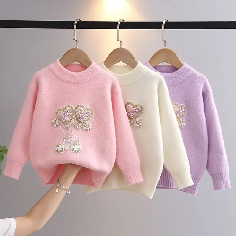 Beaded Children Girls Clothes Lovely bike Pattern Sweater Flowers Design Cotton Sweatshirt Autumn Winter Outfit for Kids GY11241