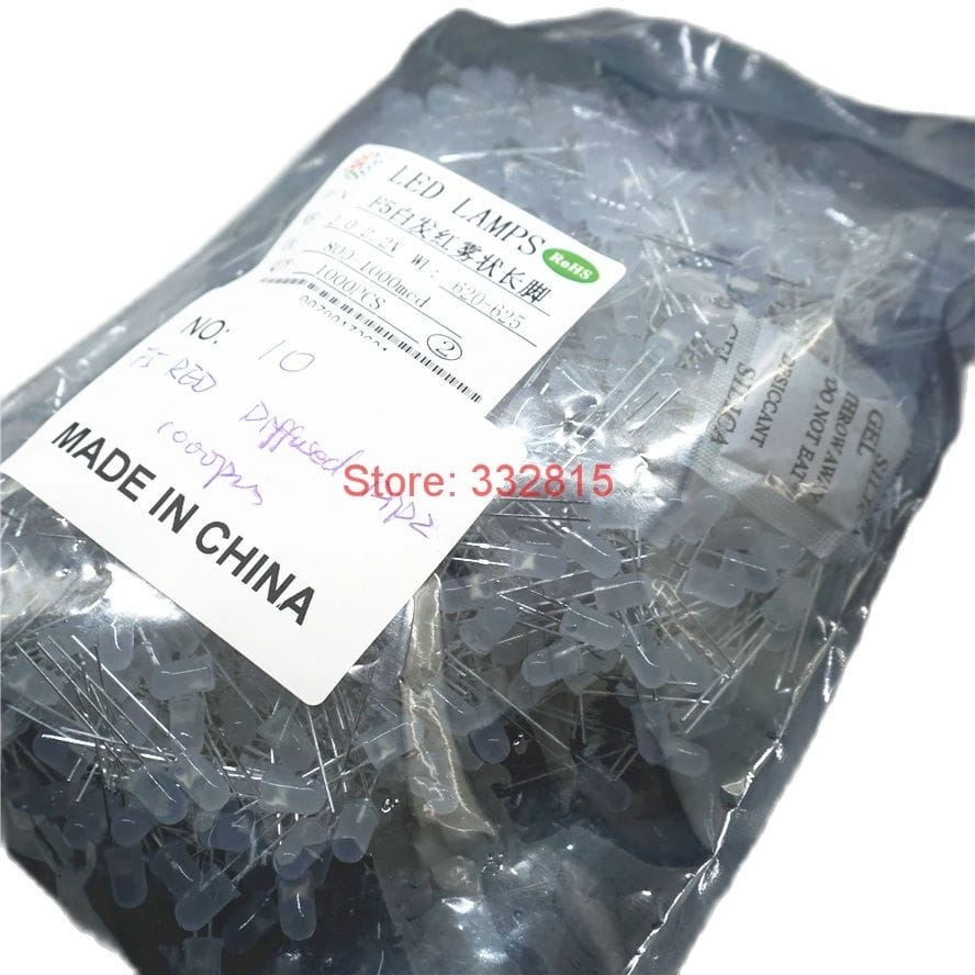 1000PCS F5 RED DIFFUSED DIP-2 LONG PIN 5MM 620-625NM 2.0-2.2V 800-1000MCD Light beads Free shipping