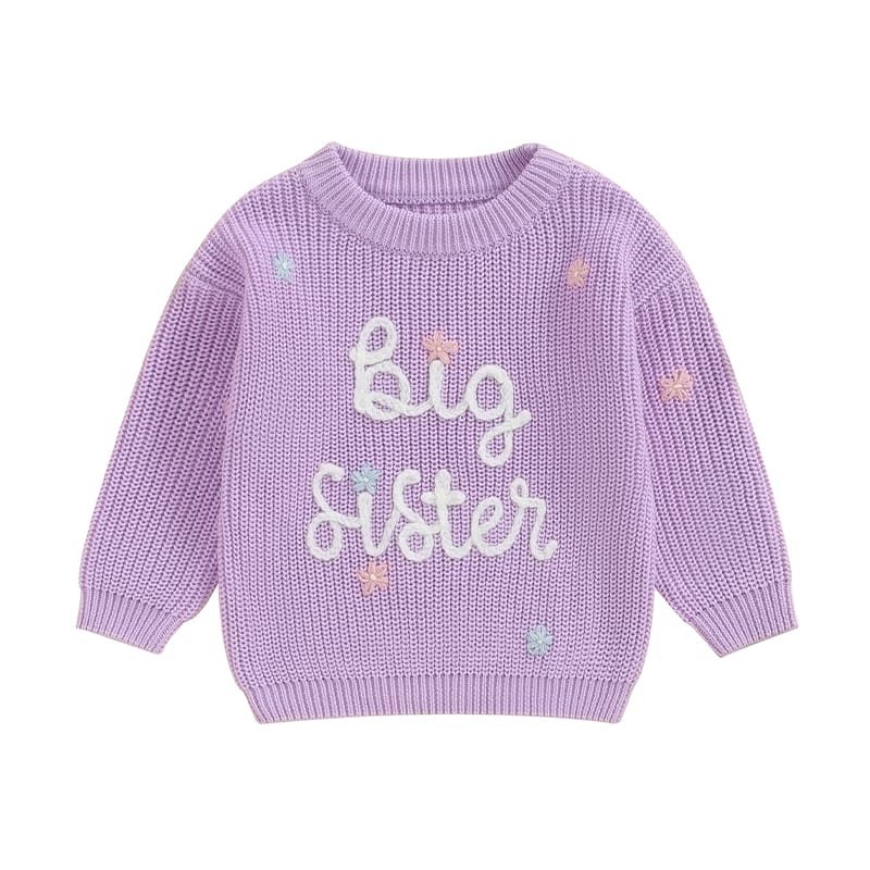 Little Baby Girls Casual Sweater Big Sister Letter Flower Embroidery Long Sleeve Knitwear Round Neck Fall Winter Pullover