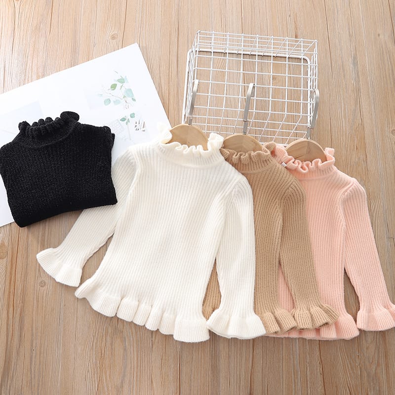 Sweater 2023 Children Clothing Autumn New Baby Girls Solid Color Knitwear Warm Undershirt Winter Flower Collar Autumn Style