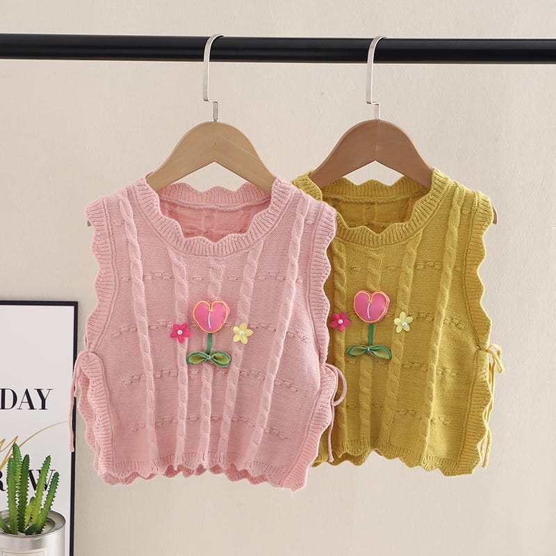 Sweater Vest Autumn Season New Children Knitting Korean Baby Knitwear Girls Striped Round Collar Flower Shaped Sweet