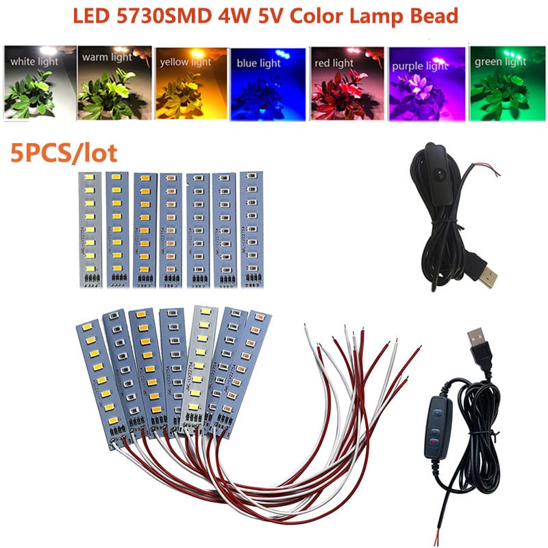 5PCS High Brightness 4W 5V LED SMD5730 Color Lamp Bead Light Board Bulb Light Source with 20cm Line Red Yellow Green Blue Light