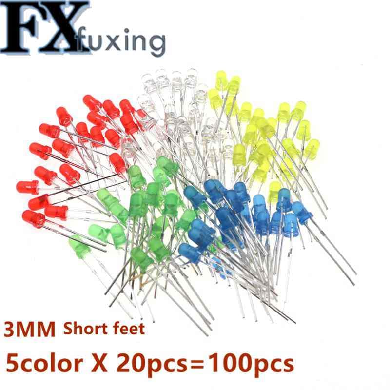 100Pcs/lot 5 Colors F3 3MM Round LED Assortment Kit Ultra Bright Diffused Green/Yellow/Blue/White/Red Light Emitting Light Beads