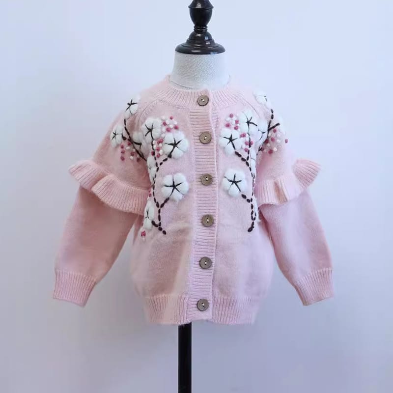 2024 New Winter Kids Warm Sweaters for Girls Cute Flower Embroidery Knit Cardigan Baby Child Cotton Outwear Tops