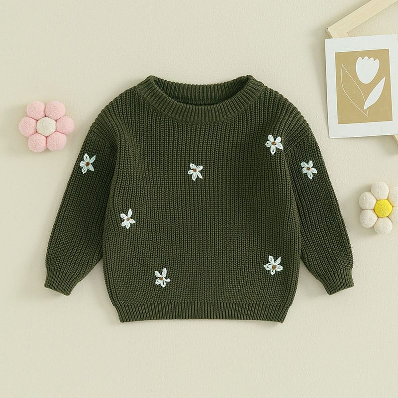 Toddler Baby Girl Boy Knit Sweater Cute Flower Embroidery Crewneck Pullover Sweater Long Sleeve Knit Newborn Infant Sweaters