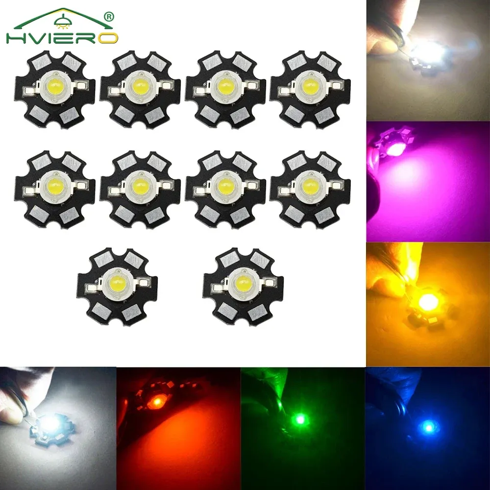 10X 20mm 3V 1W 3W High Power Chip Light Bead White Red Blue Green Led Beads Emitter LED Bulb Diodes Lamp with Star Min Heatsink