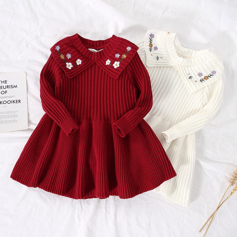 Girls Spring Sweaters 2023 New Lapel Flower Embroidery Sweaters Baby Girl Knitwear Warm Knit Pullover For 1-7 Year Girl Sweaters