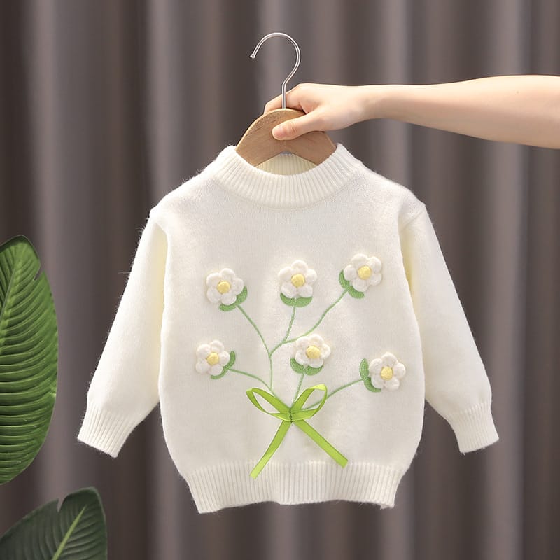 Sweater Girls Autumn Spring New Knitwear Round Neck Knitwear Long Sleeved Flower Childrens Clothing Flower Shape