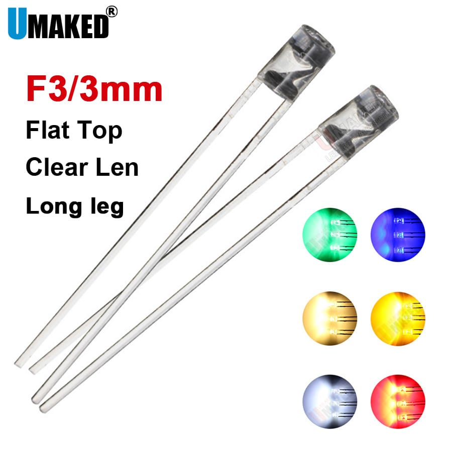 1000pcs 3mm Clear LED flat top lamps diodes chip,long leg  light beads F3 led Emitting diodes WW/W/R/G/B/Y Lighting DIY lamp