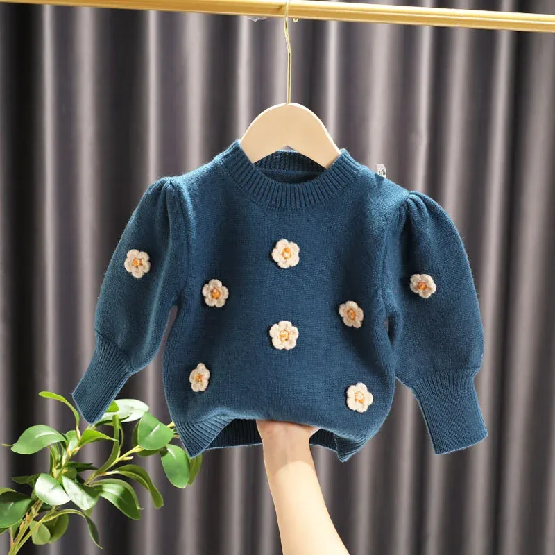 Autumn Winter Baby Clothes Appliques Sweater Little Girls Pullover Tops Children Versatile Knitwear Nice Flower Clothing GY06131