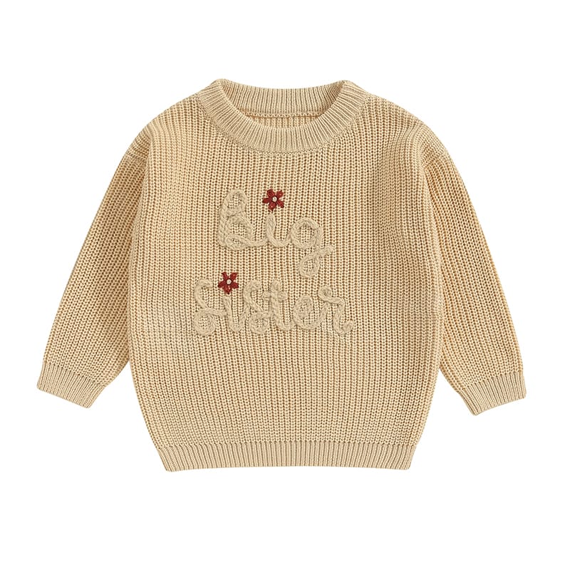 Little Baby Girls Casual Sweater Big Sister Letter Flower Embroidery Long Sleeve Knitwear Round Neck Fall Winter Pullover